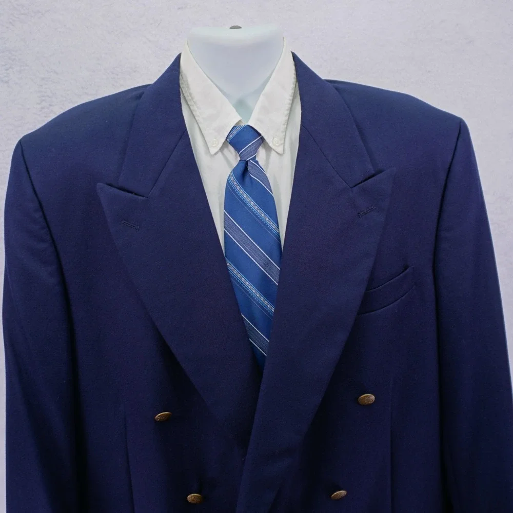 Oscar De La Renta Blue Wool 6 Gold Button Peak‎ Lapel Blazer 44L / Slim Fit 46L